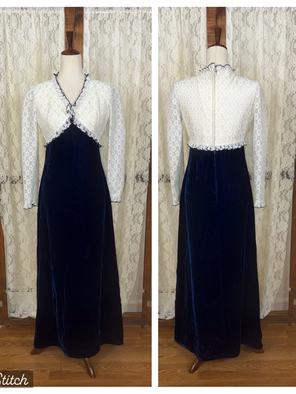 Gorgeous Vintage 1970s Navy Blue Velvet Formal Gown